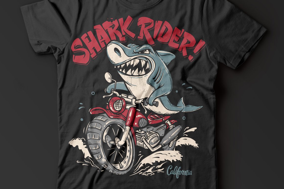 Black t-shirt with a shark graphic.