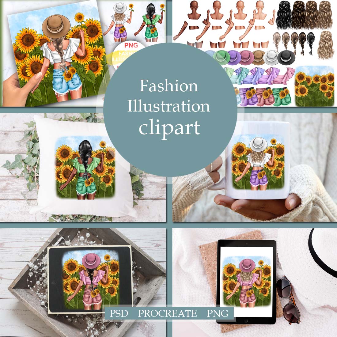 Fashionable Girl Sunflowers Clipart Cover Image.