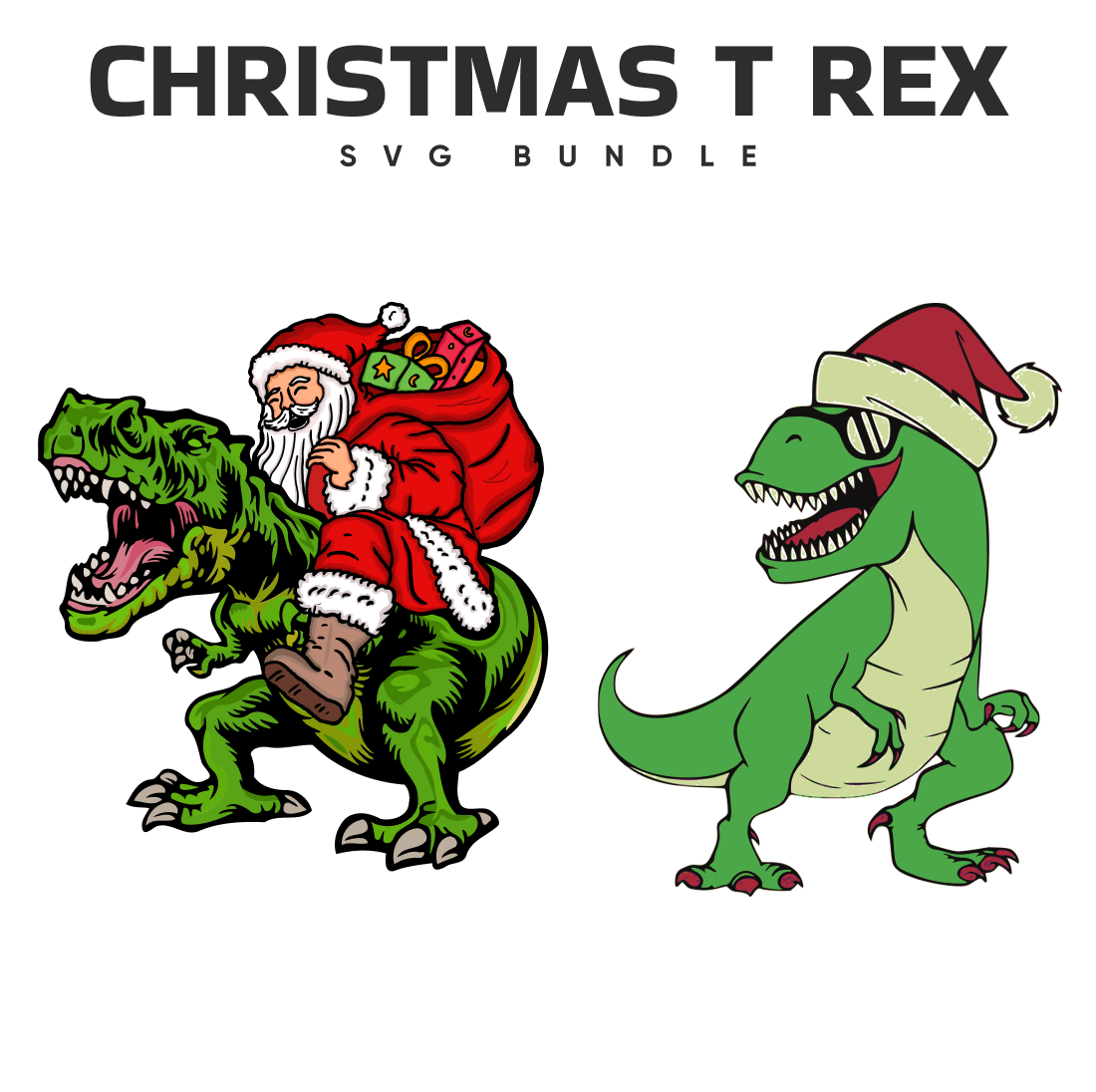 Christmas t - shirt with an image of a dinosaur and a santa clause.