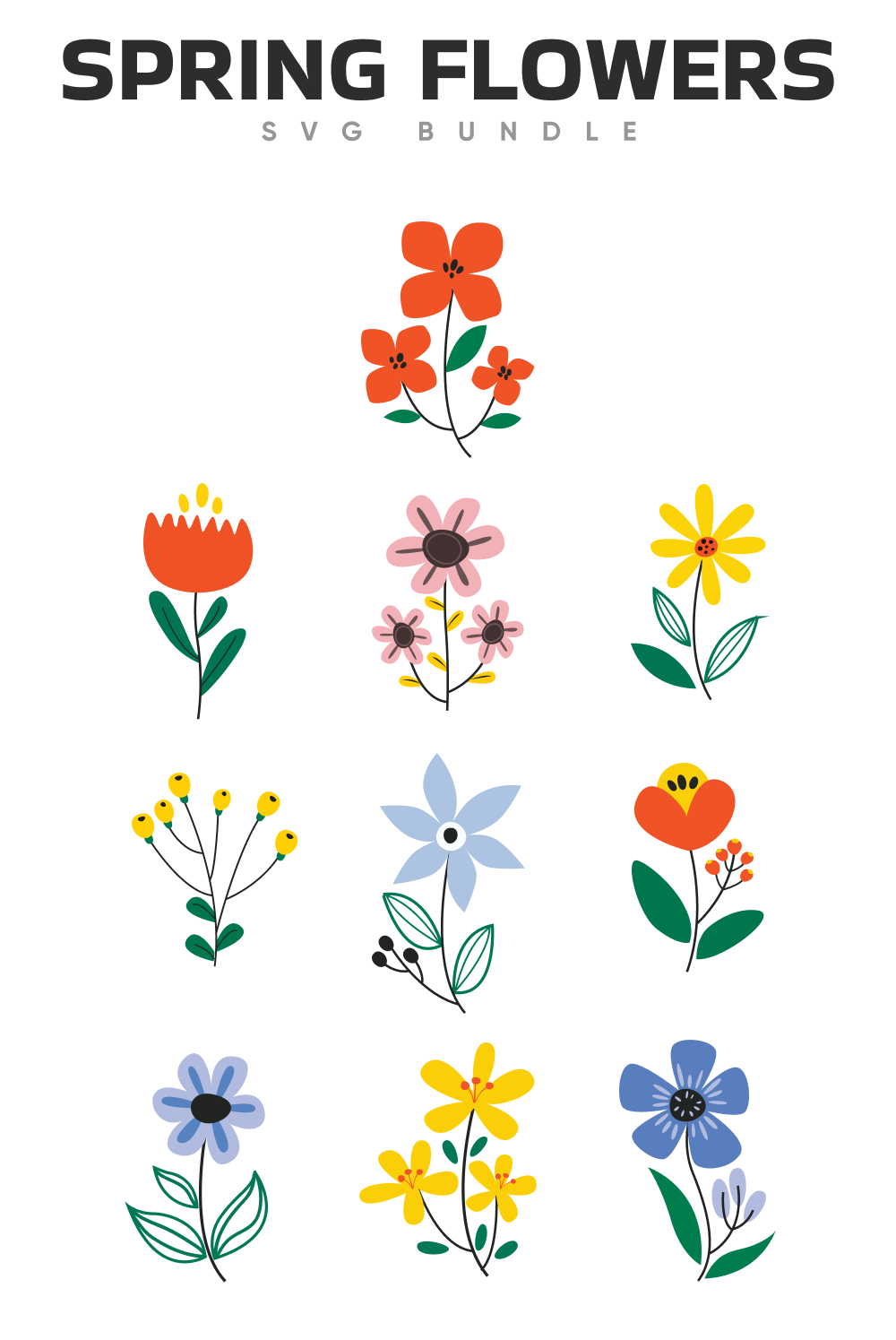 Colorful wild spring flowers set.