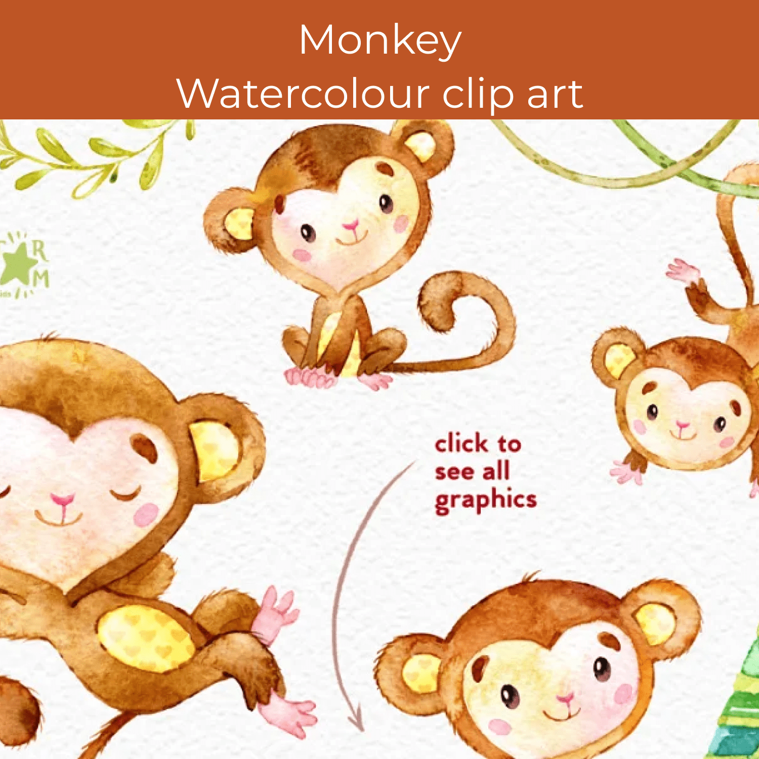 Monkey. Watercolour clip art. cover.