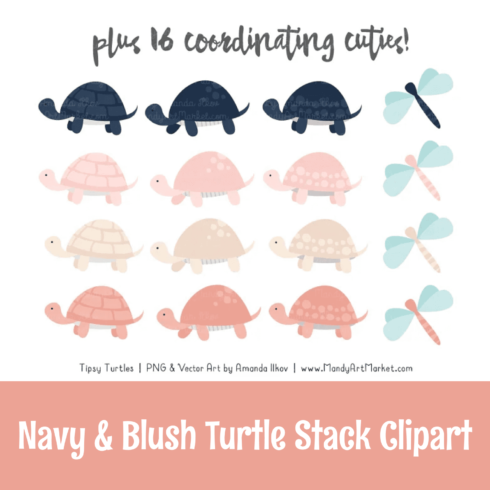 Navy & Blush Turtle Stack Clipart.