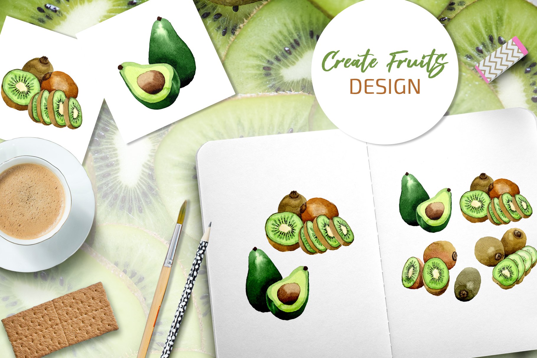 Cool avocado and kiwi mix on the white paper.