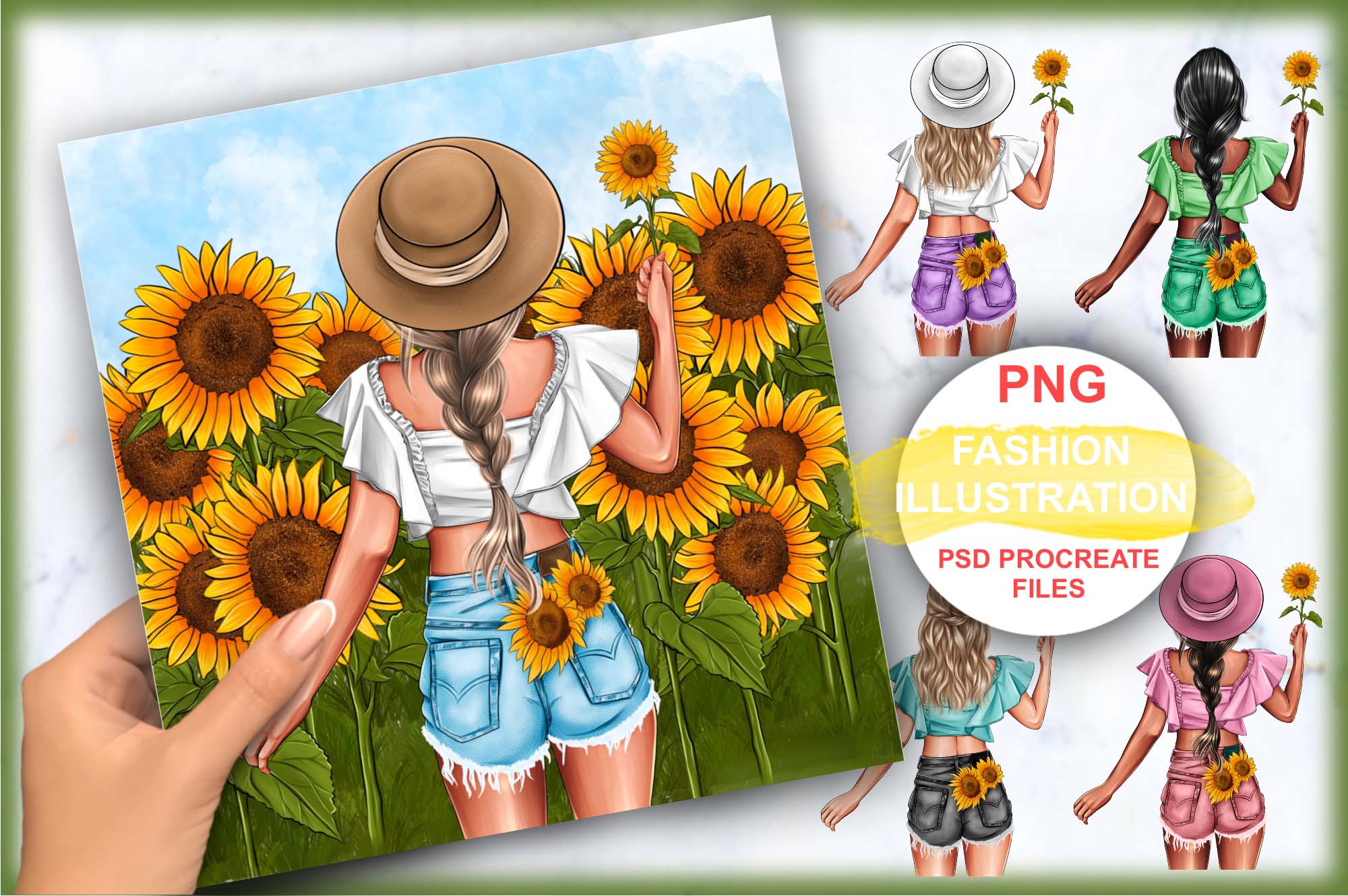 Fashionable Girl Sunflowers Clipart Facebook Image.