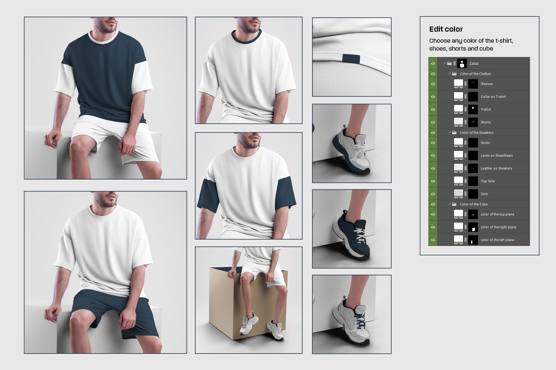 10 Mockups Oversize T-shirt and Shorts Kit on the Cube.