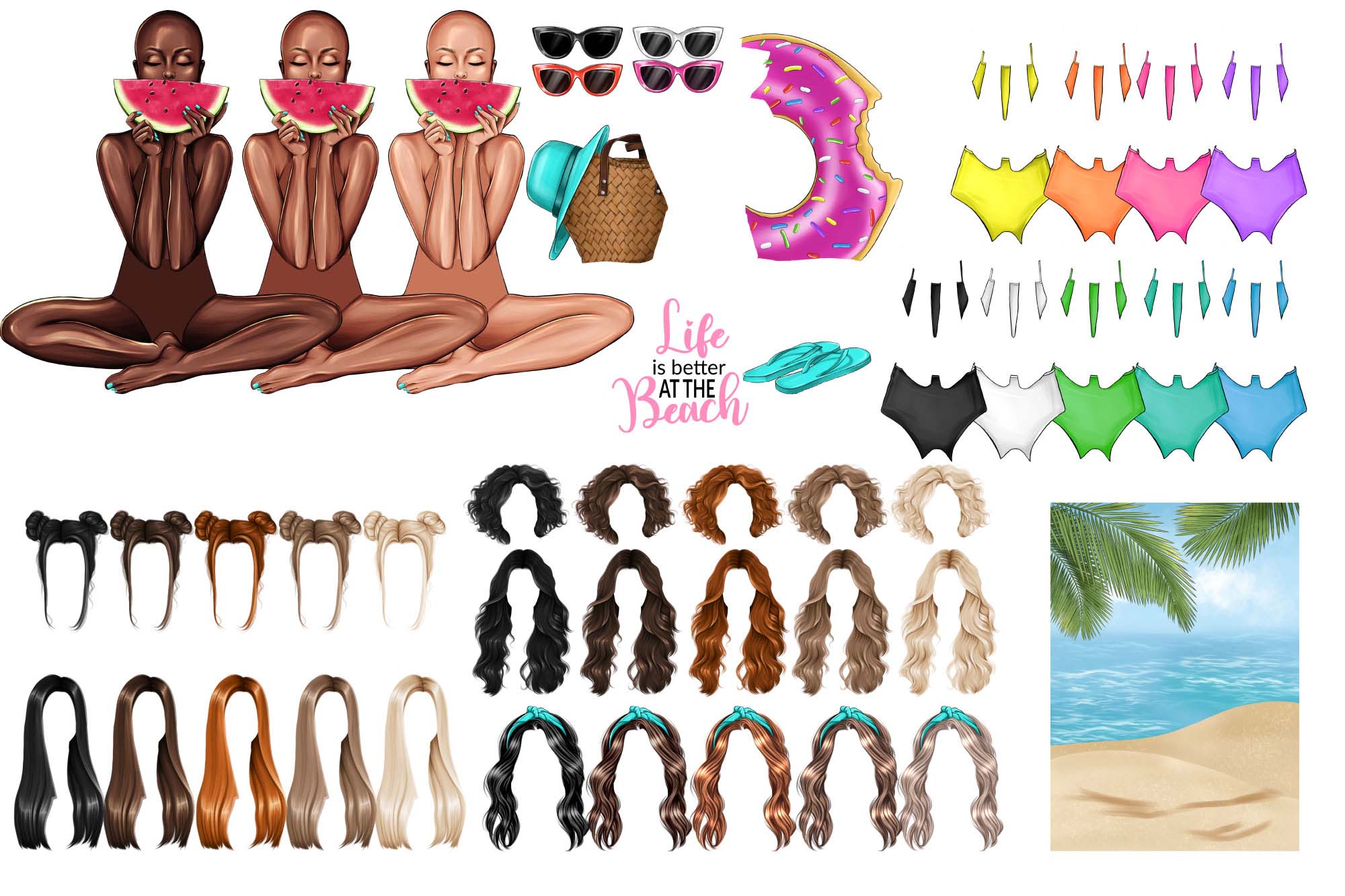Girl On The Beach Travel Clipart Elements.