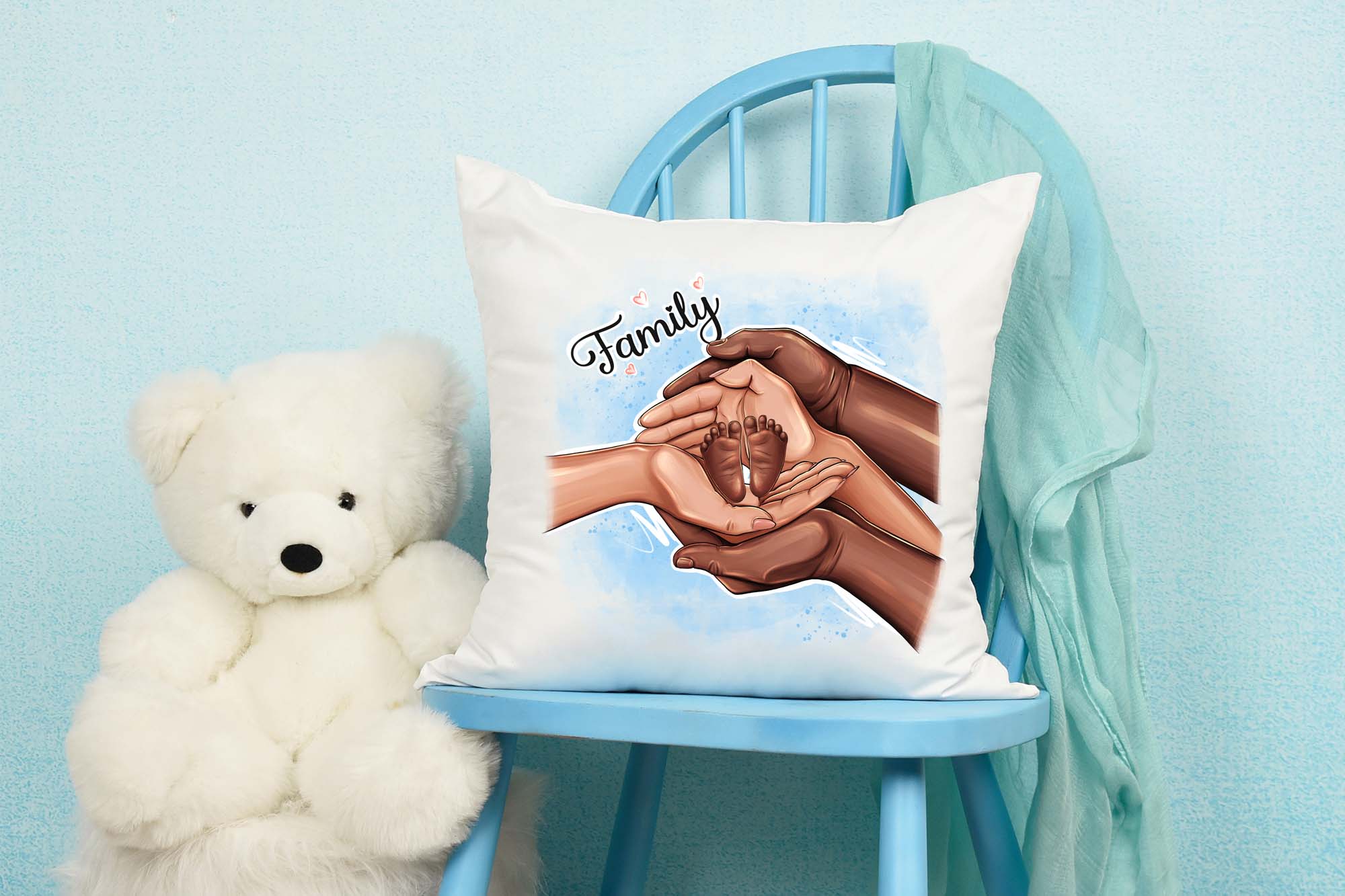 Family Clipart, Mom, Dad and Kids pillow mockup.