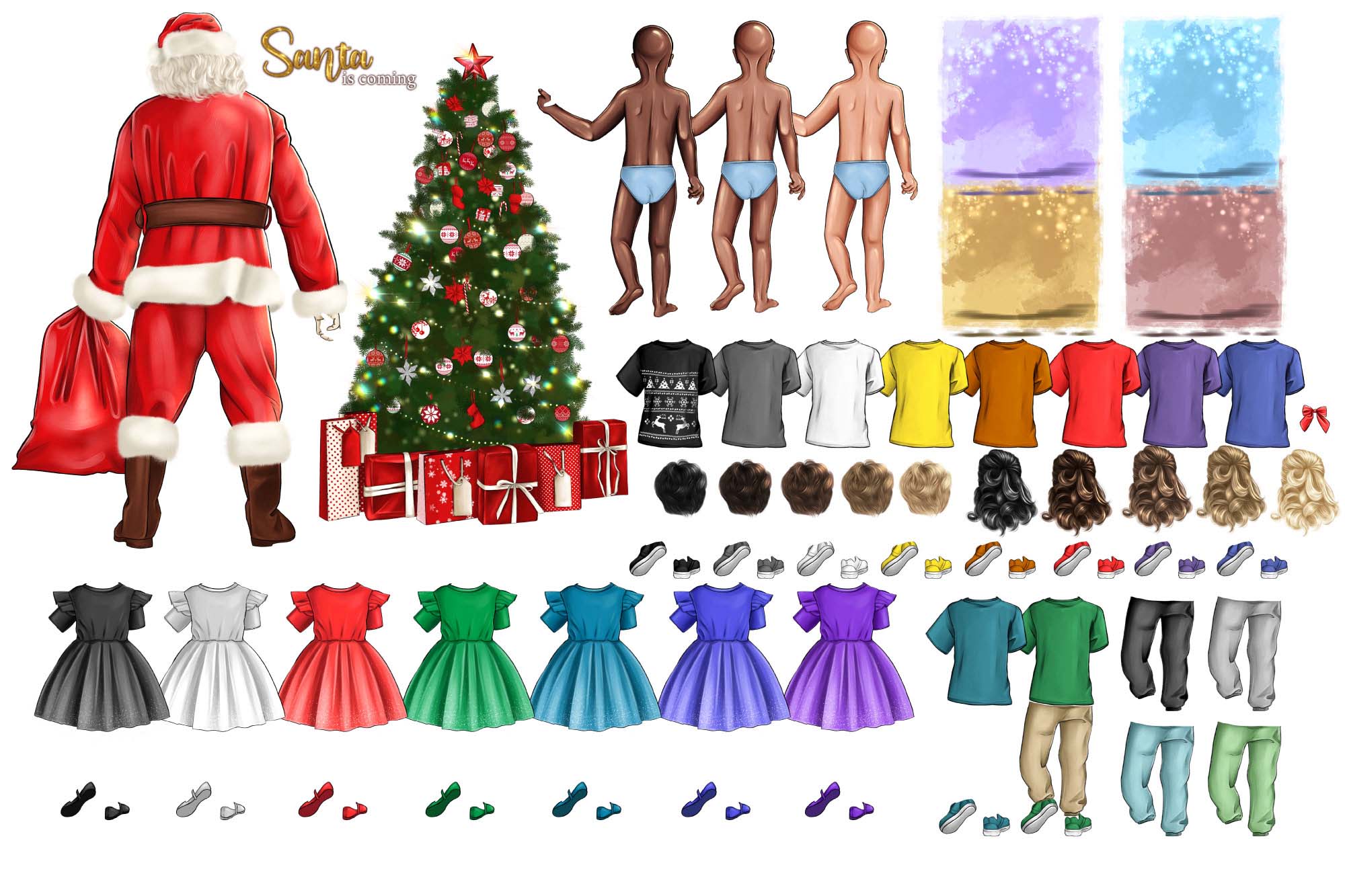 Santa And Baby Christmas Family Clipart Elements.
