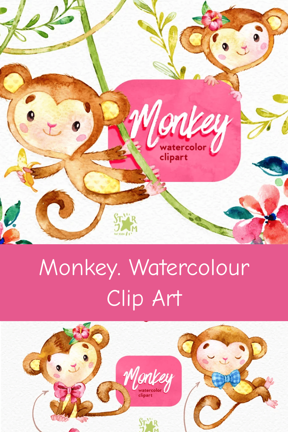 04 monkey. watercolour clip art 1000h1500