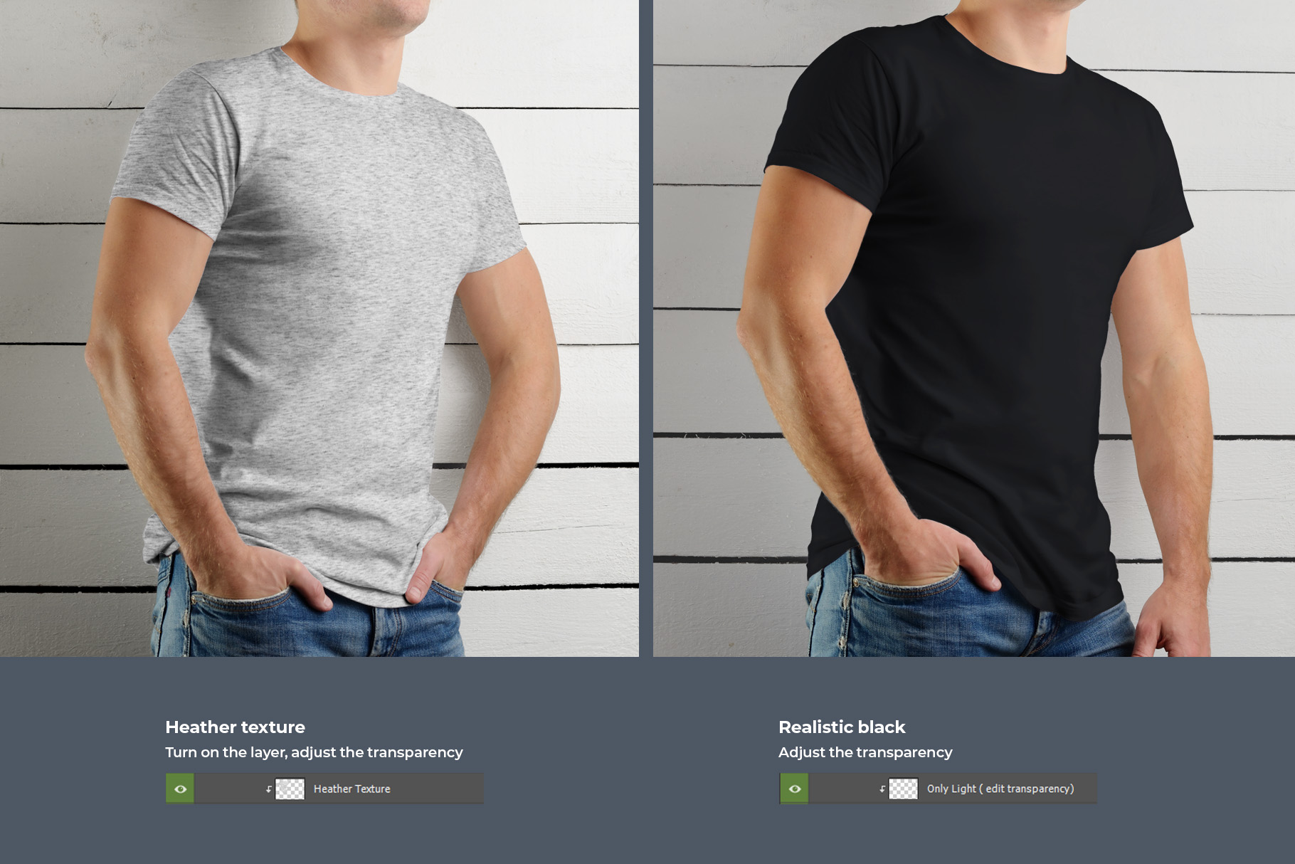 9 Mockup Man T-shirts on Wooden Background for your designs.