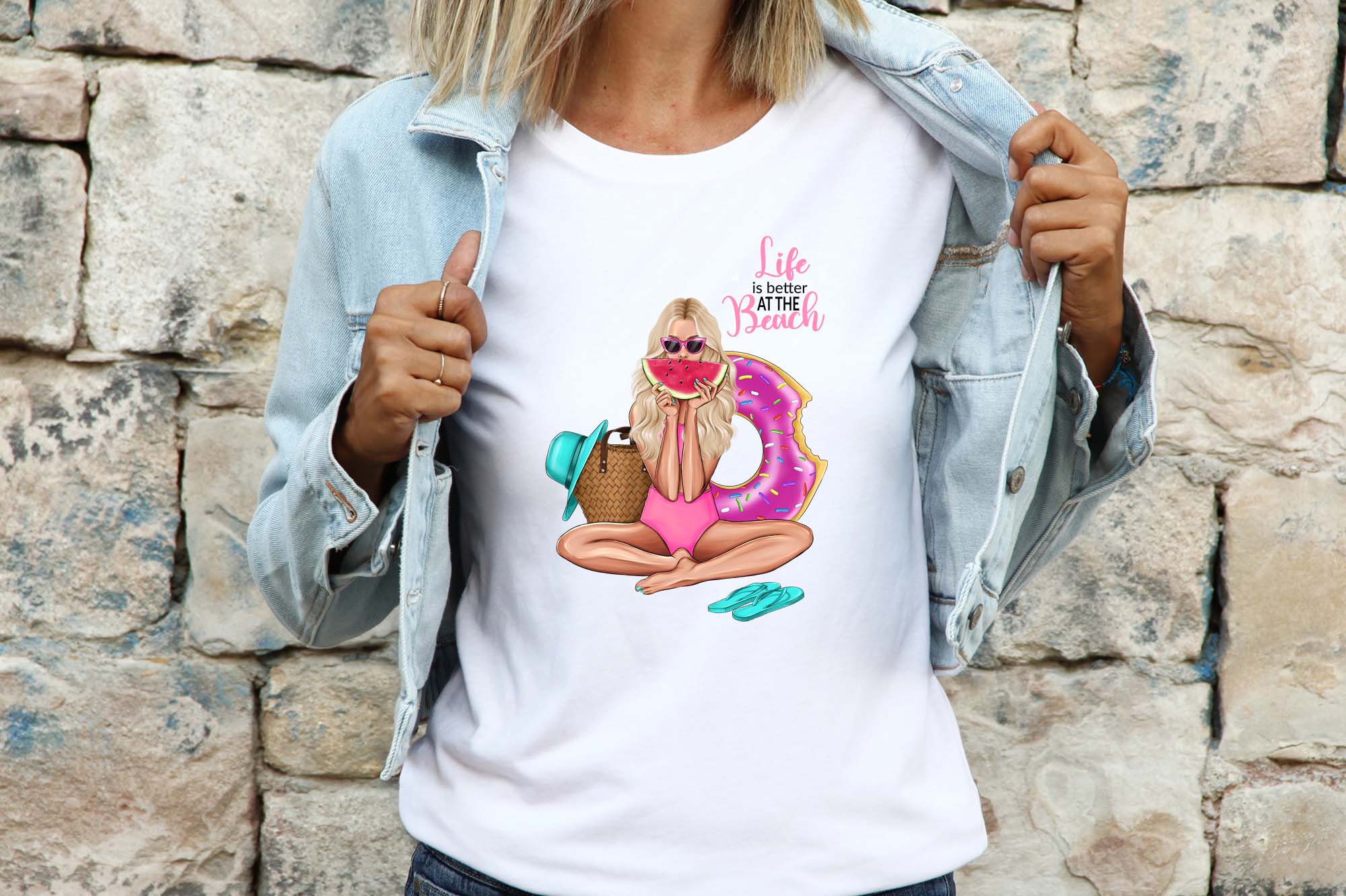 Girl On The Beach Travel Clipart T-shirt Print.