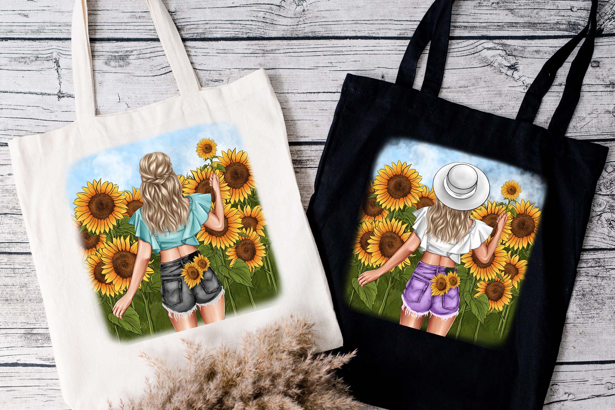 Fashionable Girl Sunflowers Clipart Bag Print Example.