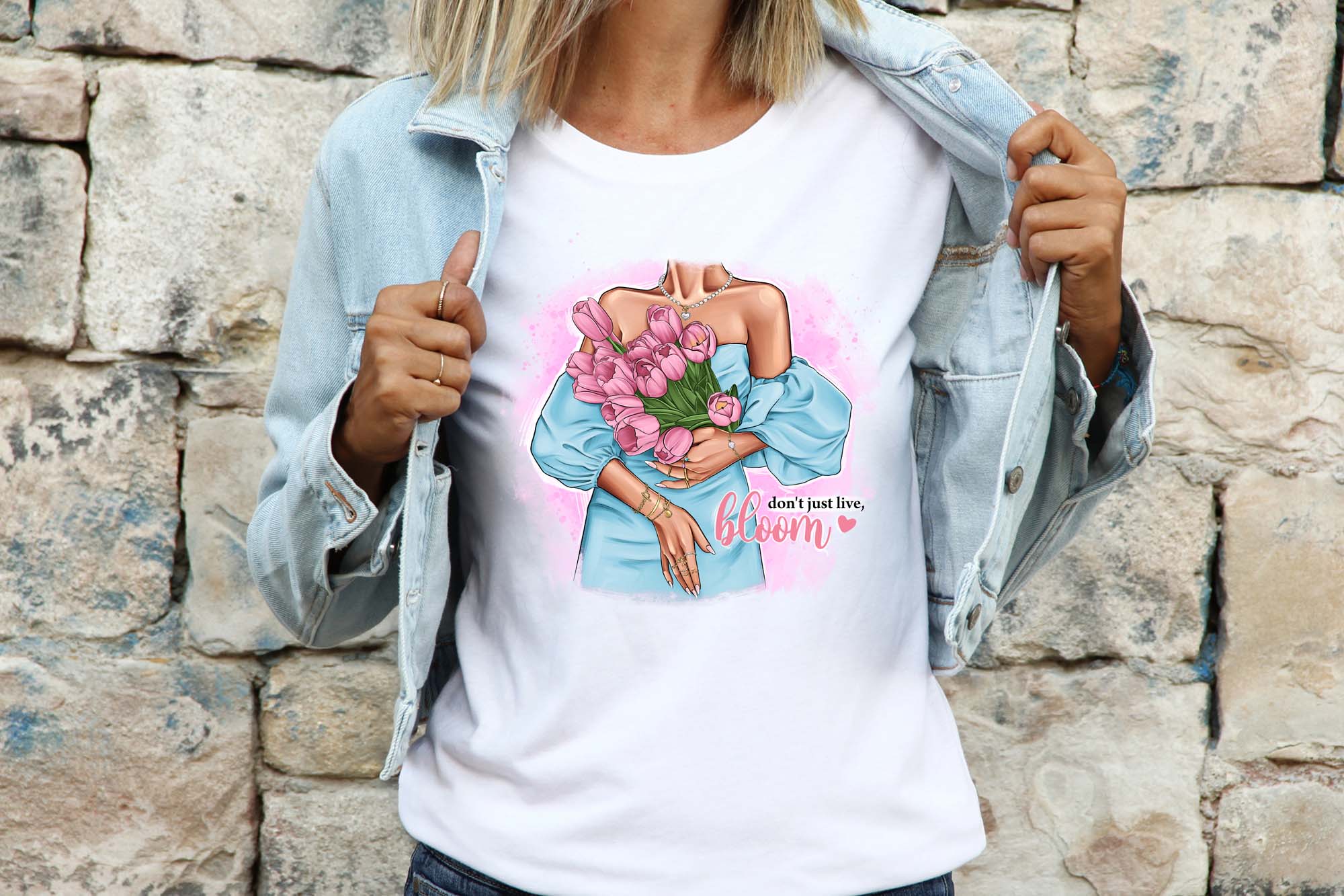 Fashionable Girl With Tulips Clipart T-shirt Print Example.