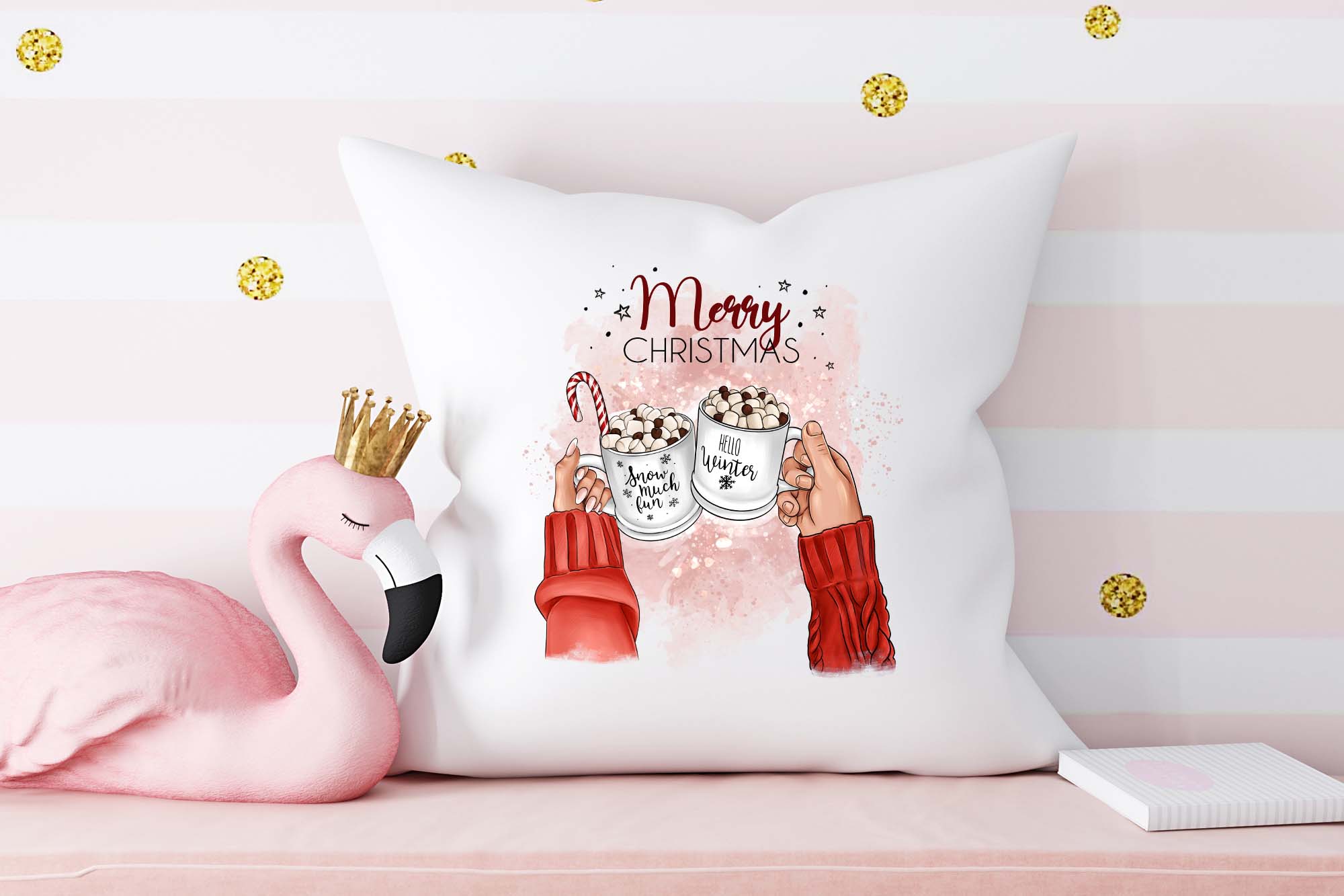 Сouple With Mugs Winter Illustration Pillow Print Example.