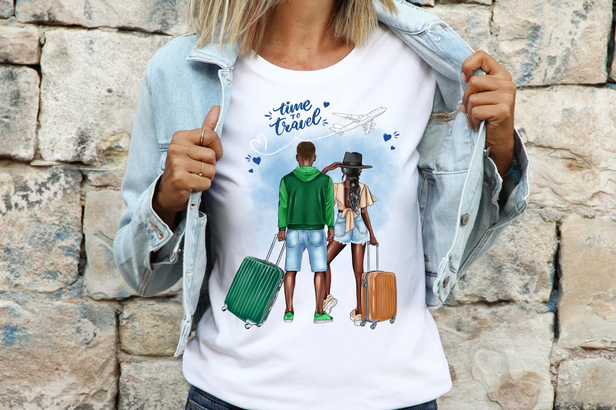 Travel Couple Clipart T-shirt Print Example.