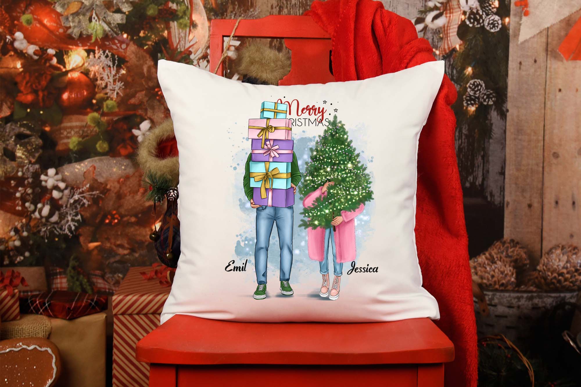 Christmas Couple Clipart Pillow Print.