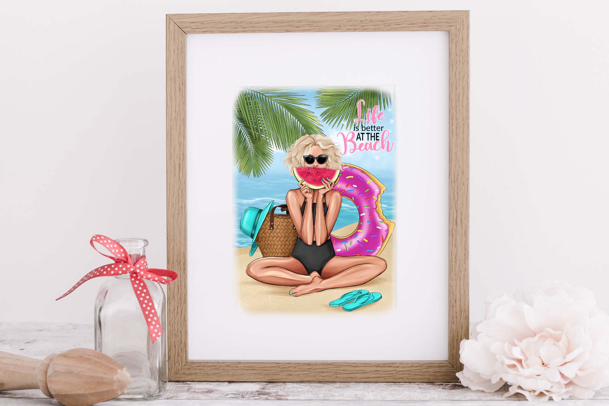 Girl On The Beach Travel Clipart Poster In Frame.