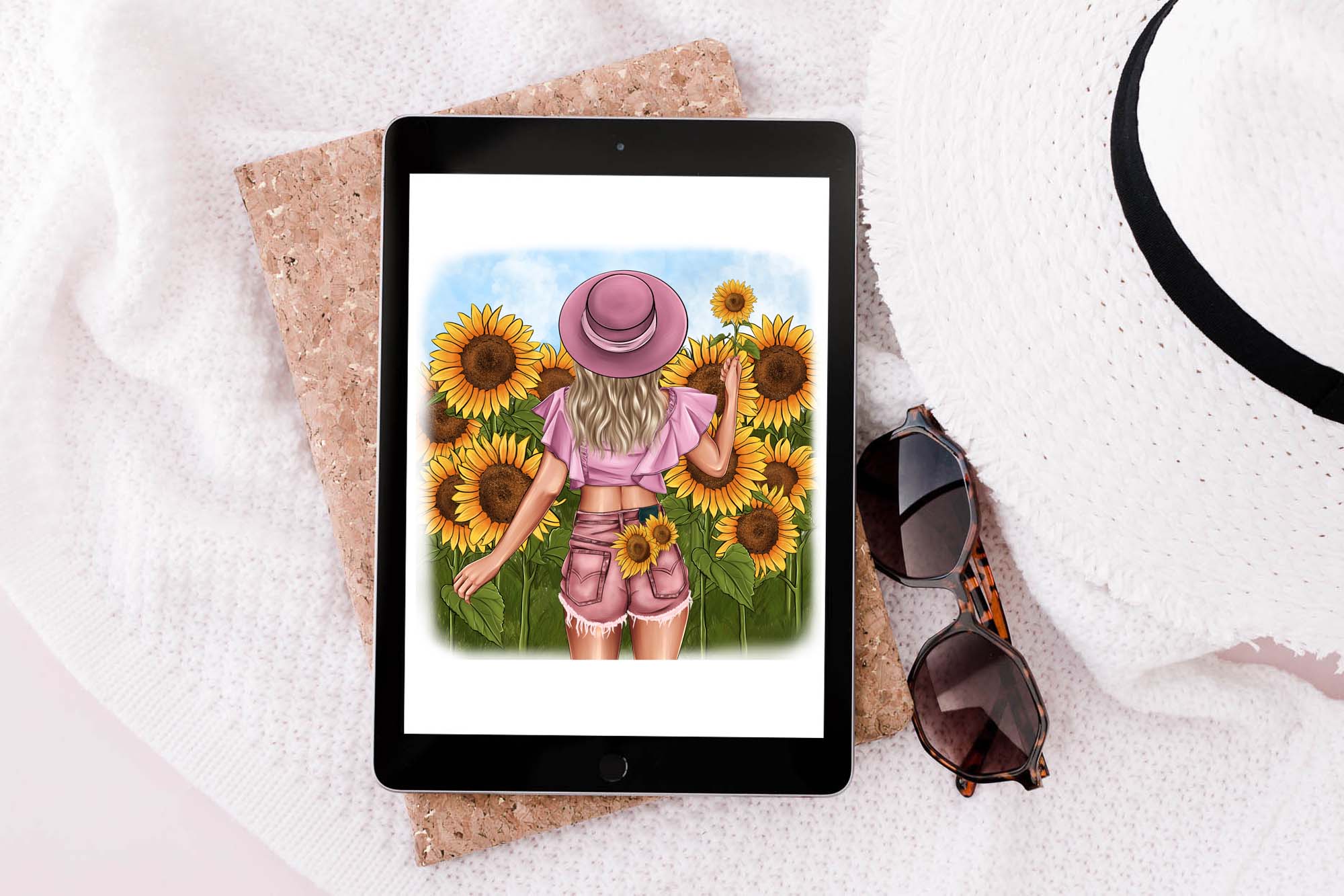 Fashionable Girl Sunflowers Clipart Poster.