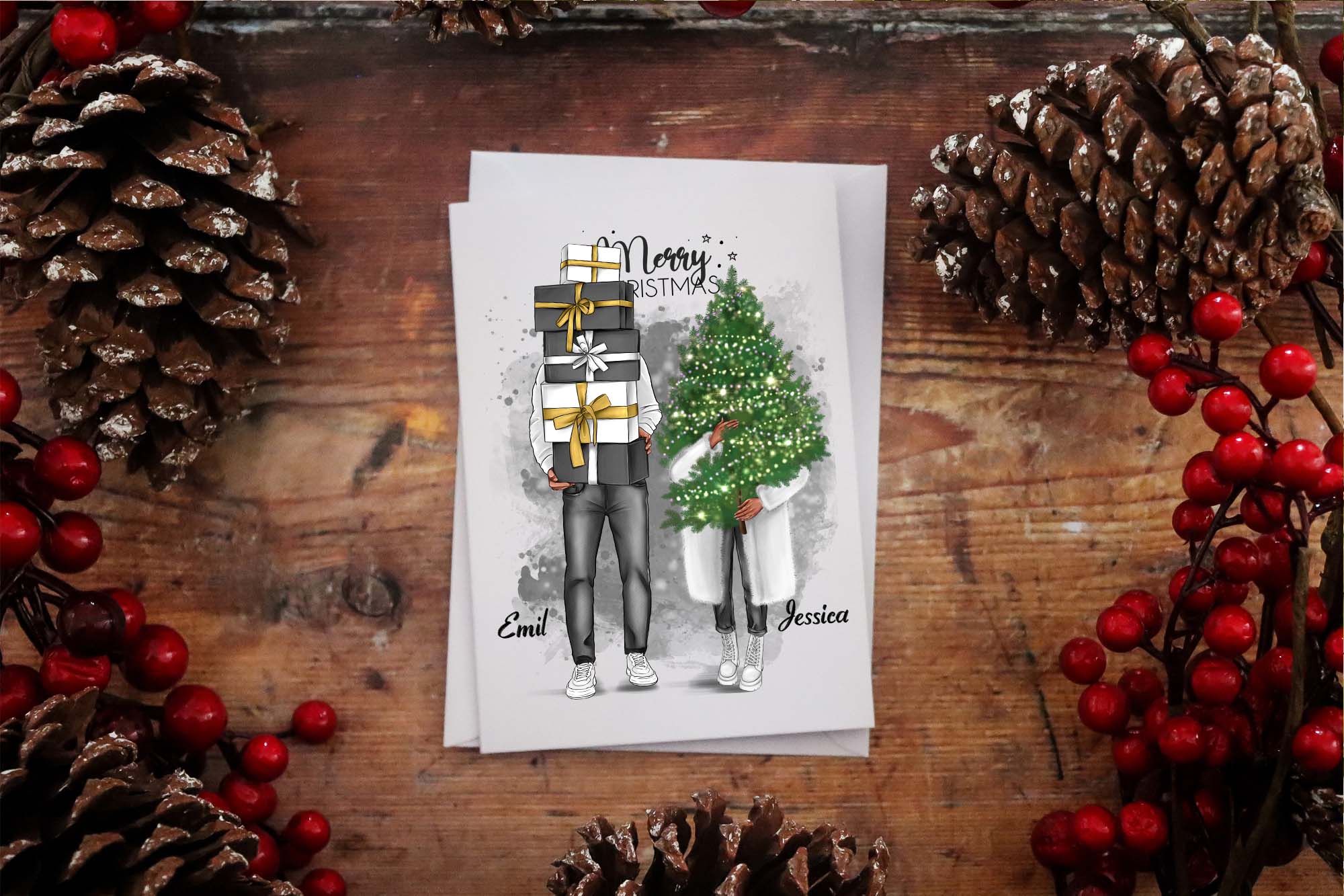 Christmas Couple Clipart Postcard Print Example.