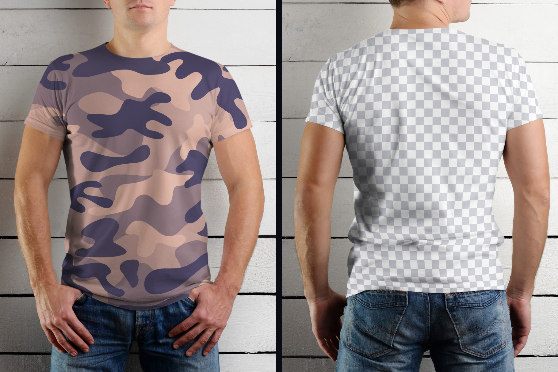 9 Mockup Man T-shirts on Wooden Background front and back t-shirts mockup.