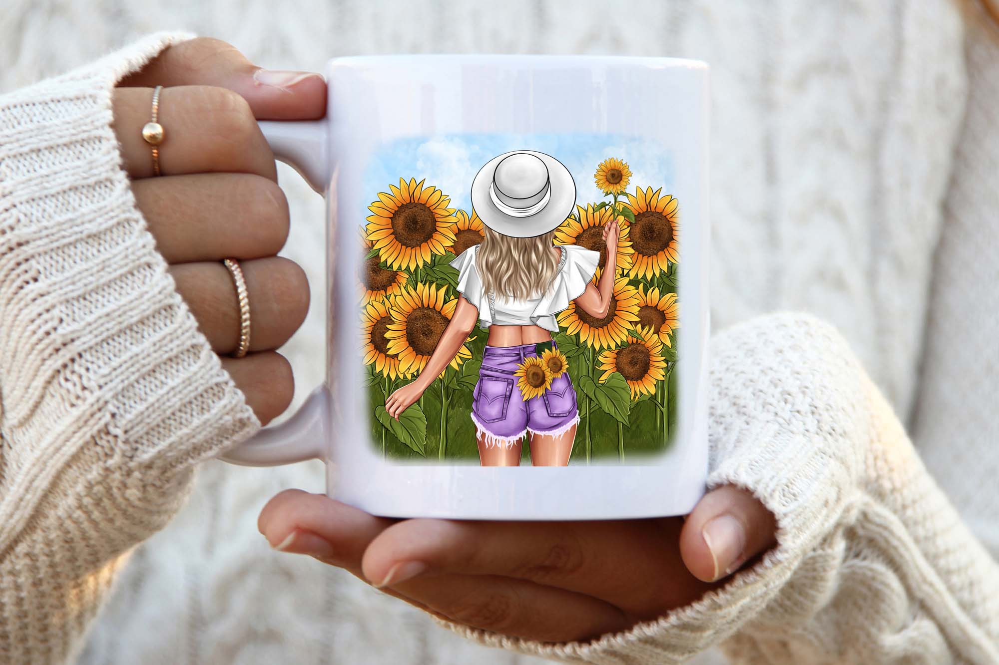 Fashionable Girl Sunflowers Clipart Mug Print Example.
