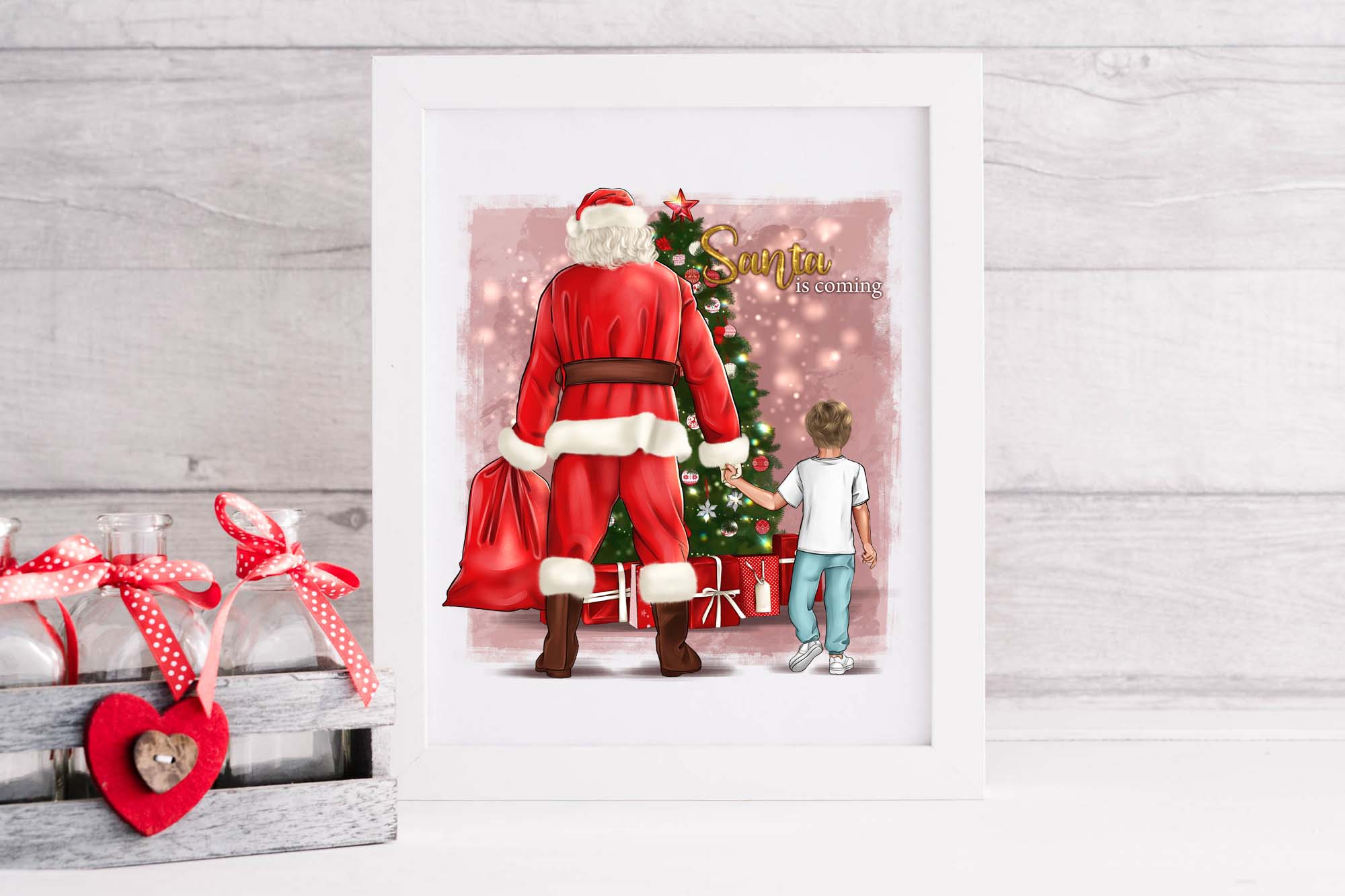 Santa And Baby Christmas Family Clipart Poster In A White Frame.