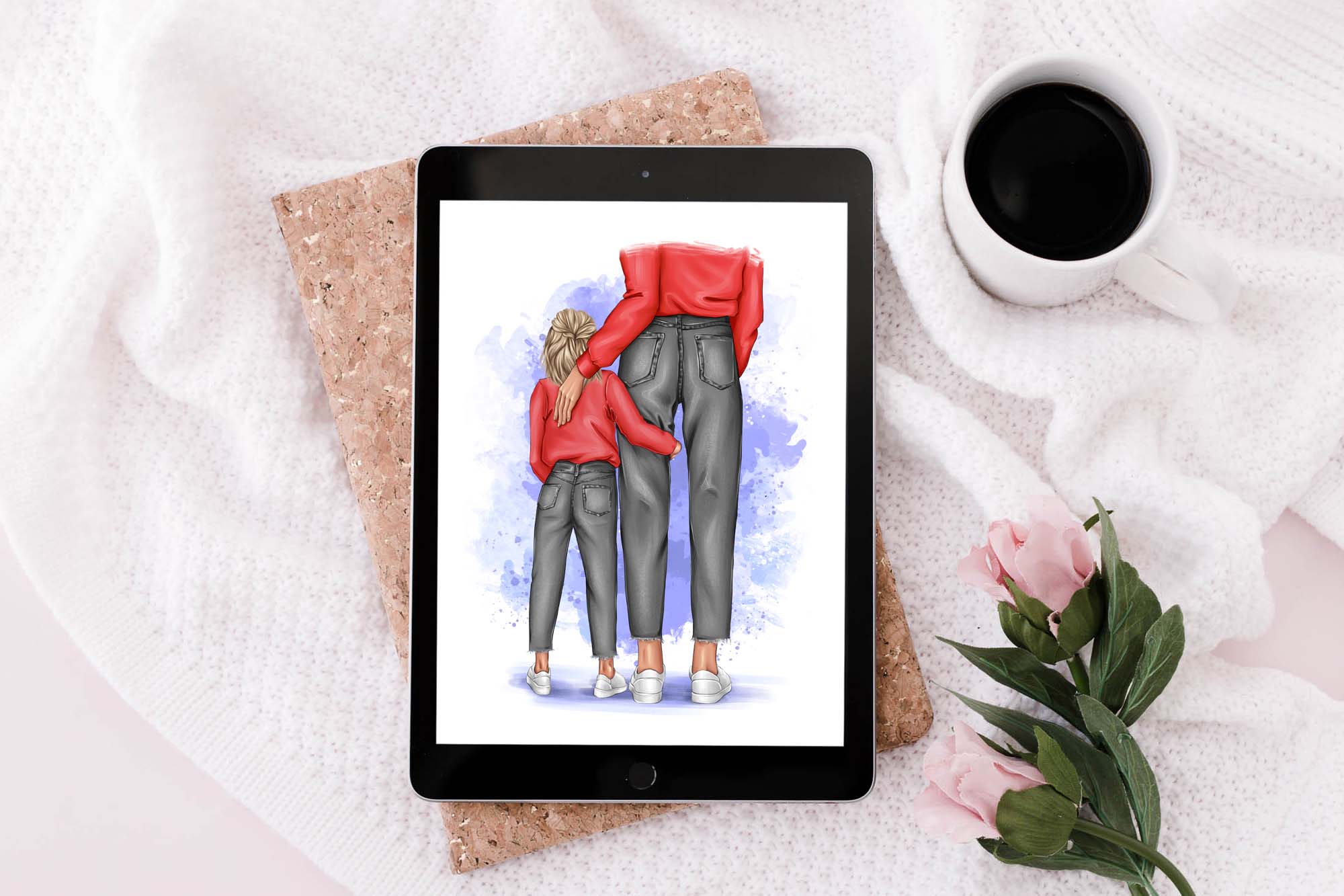 Mom and Daughter Clipart, tablet mockup.