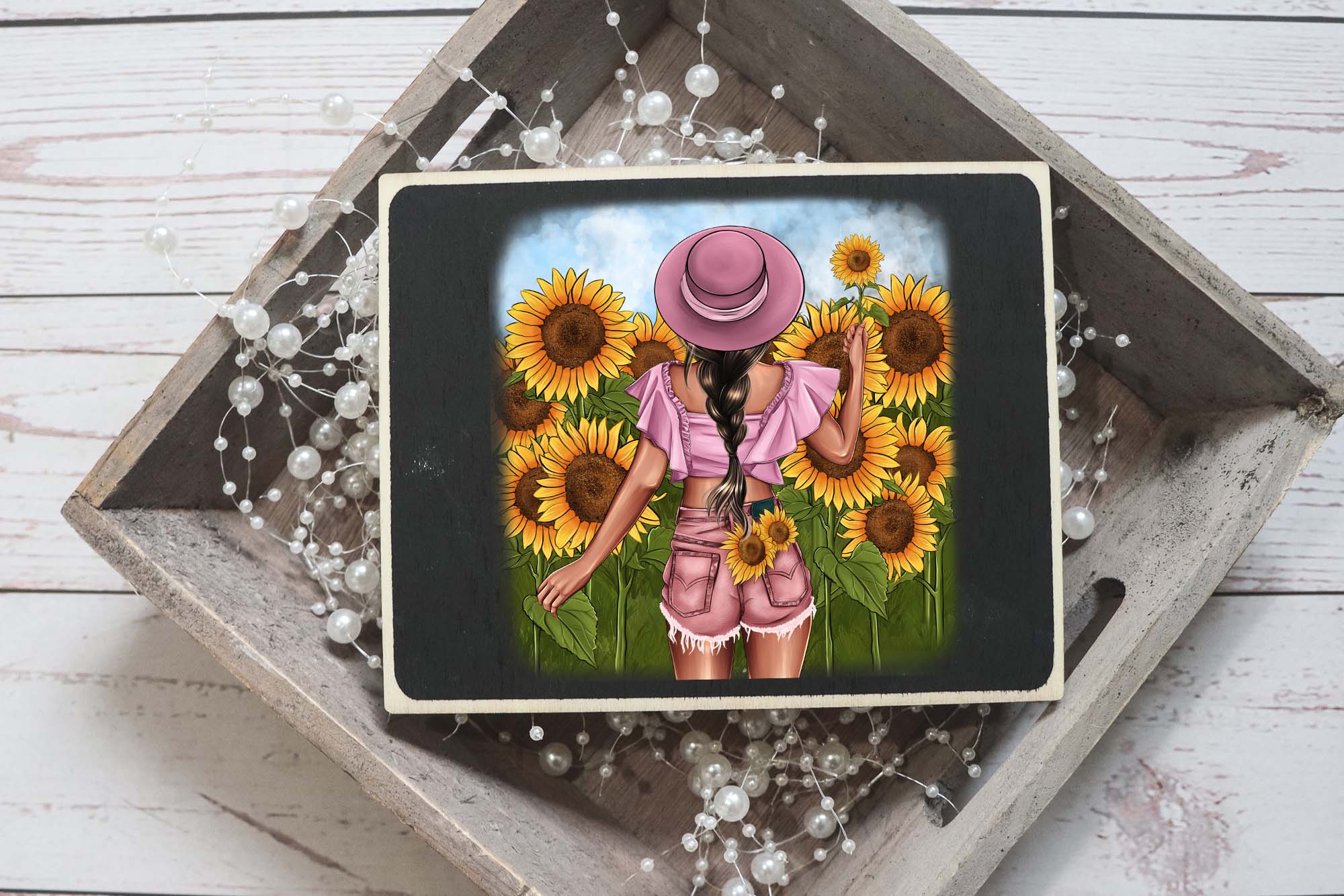 Fashionable Girl Sunflowers Clipart Poster Print Example.