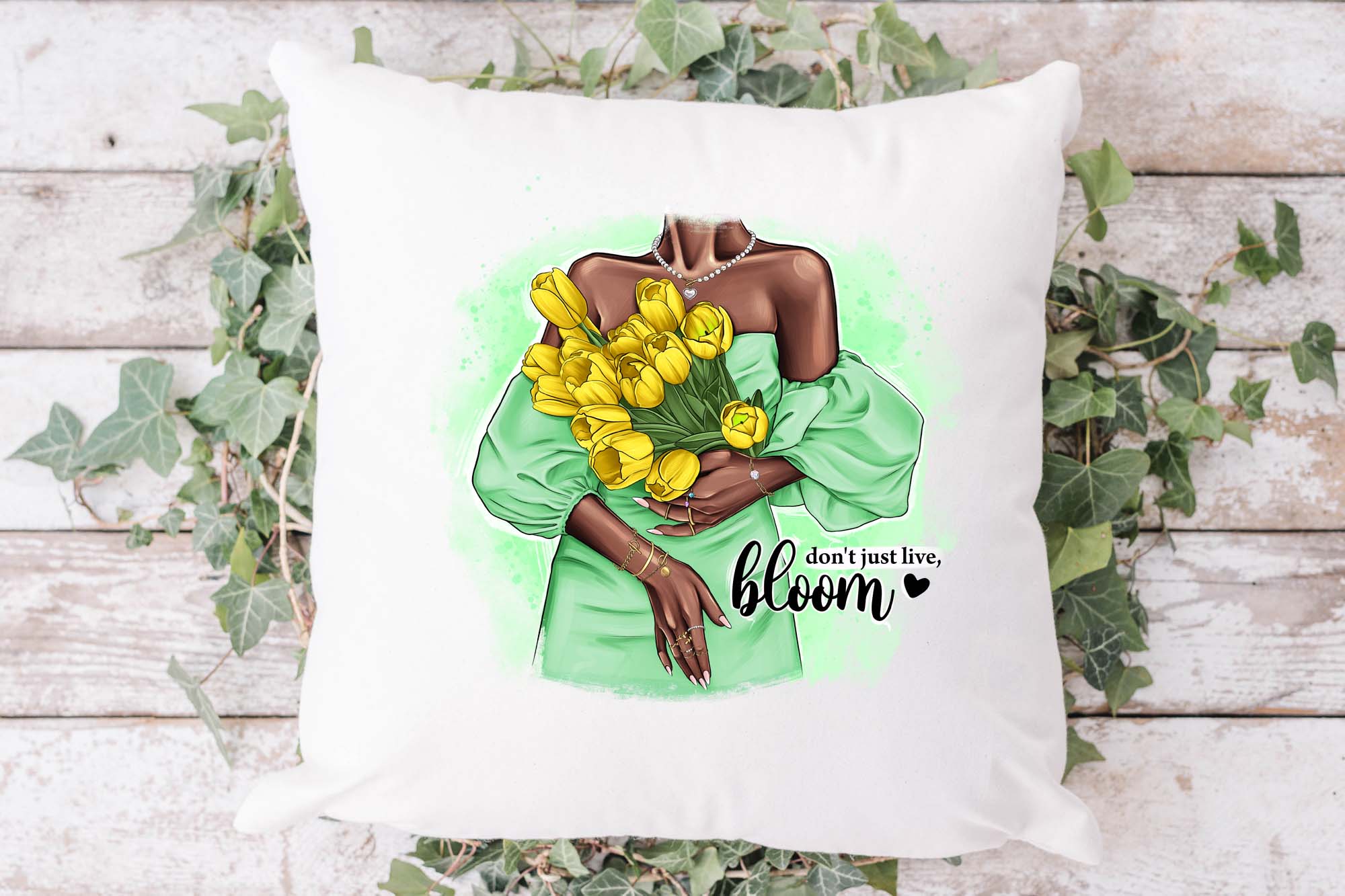 Fashionable Girl With Tulips Clipart Pillow Print Example.