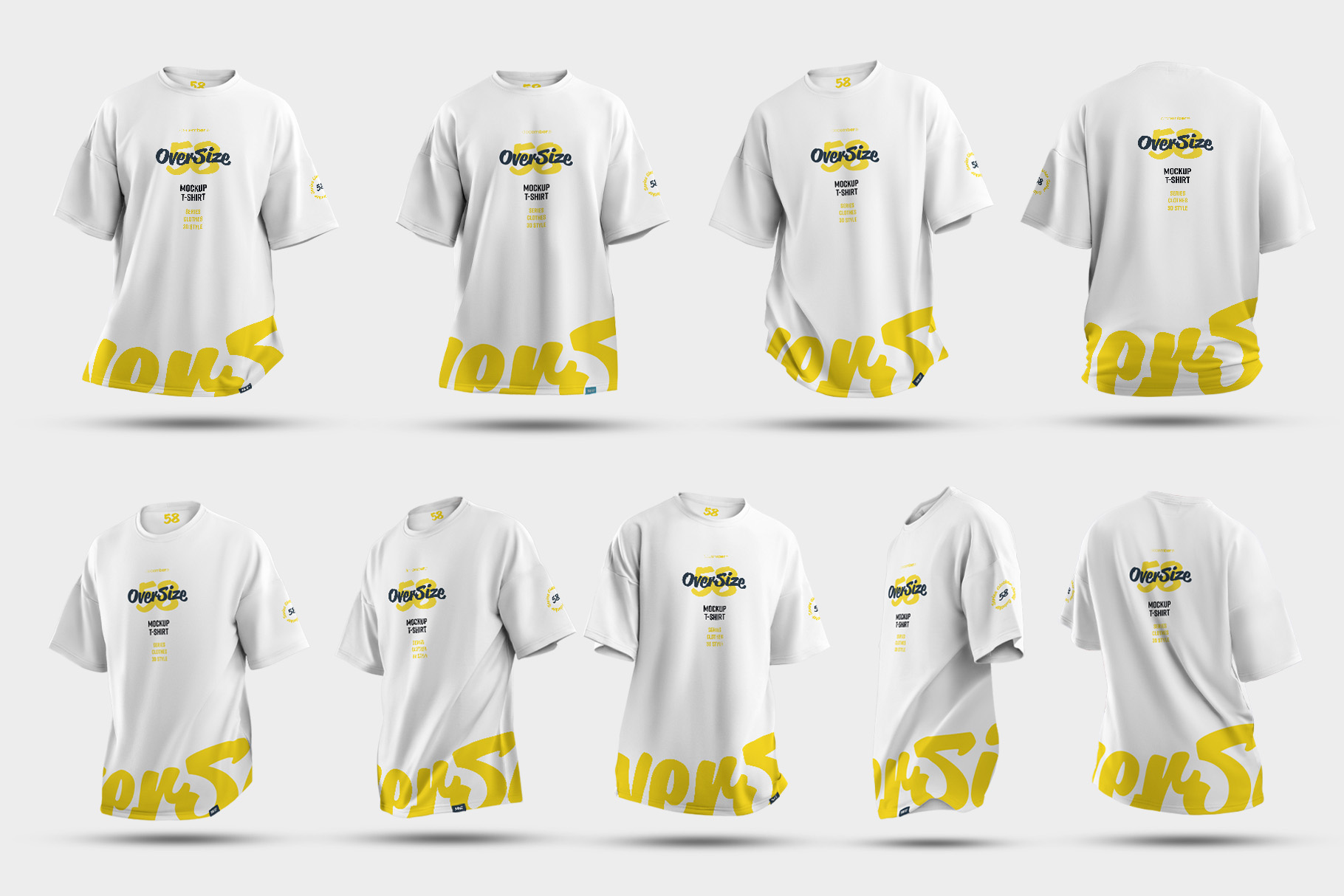9 Mockups Oversize T-shirt from different sides.
