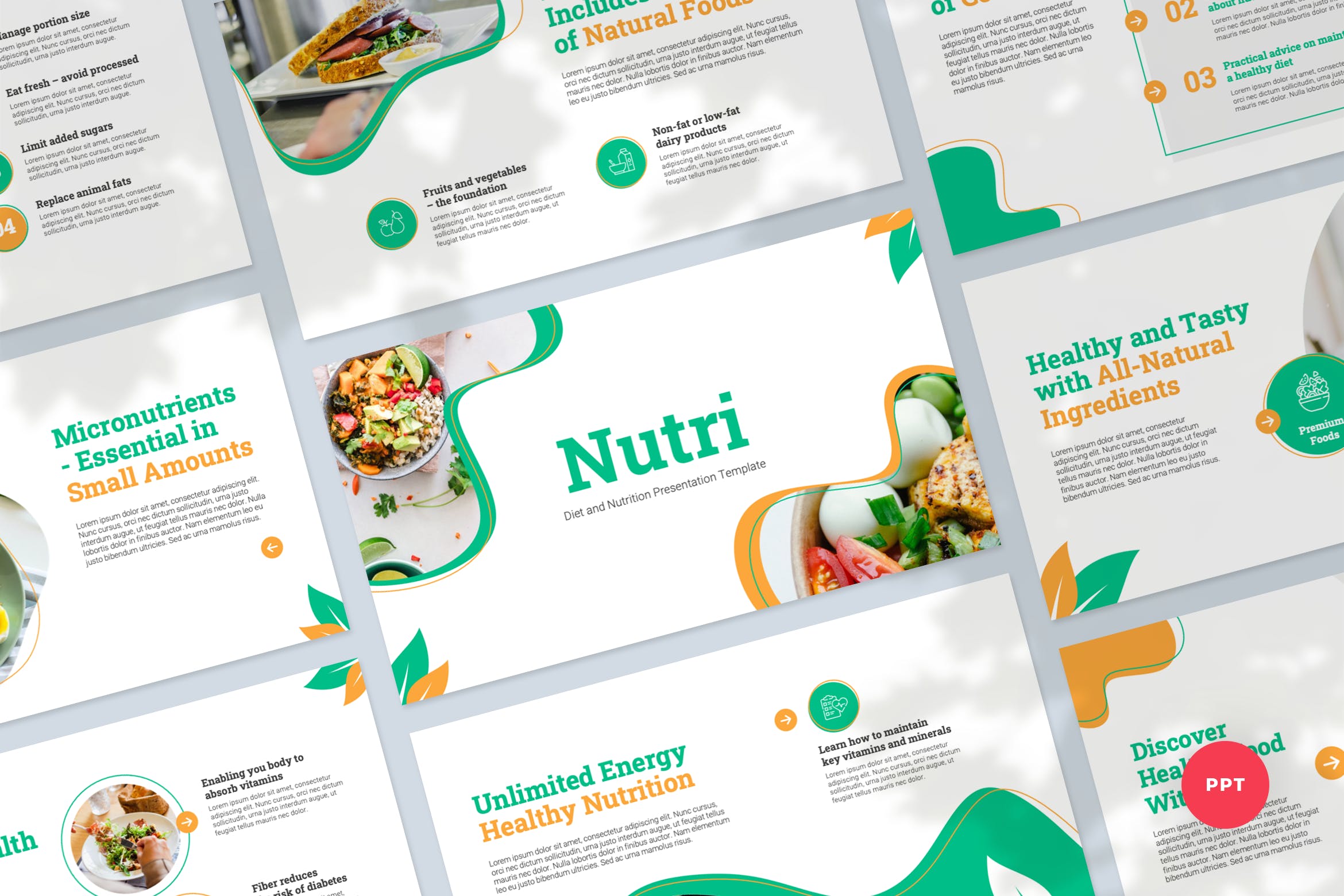 Cover image of Diet and Nutrition PowerPoint Template.