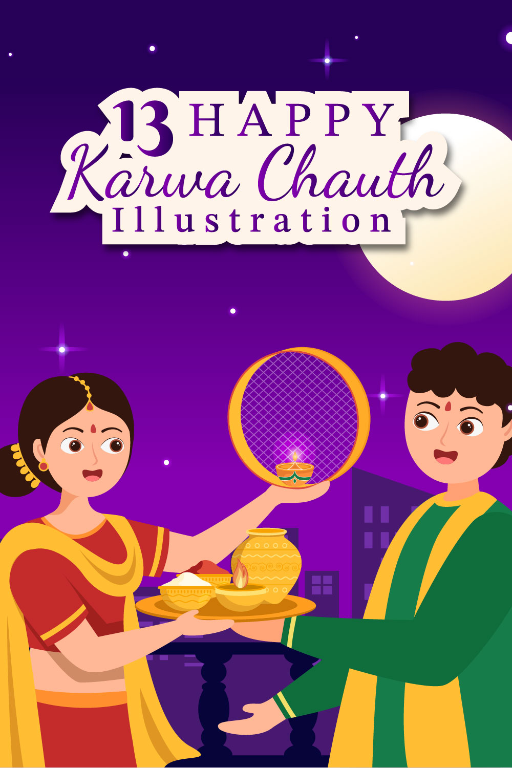 13 Karwa Chauth Festival Illustration Pinterest Image.