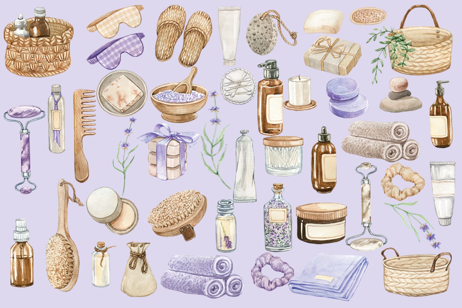 Cute spa elements on the light purple background.