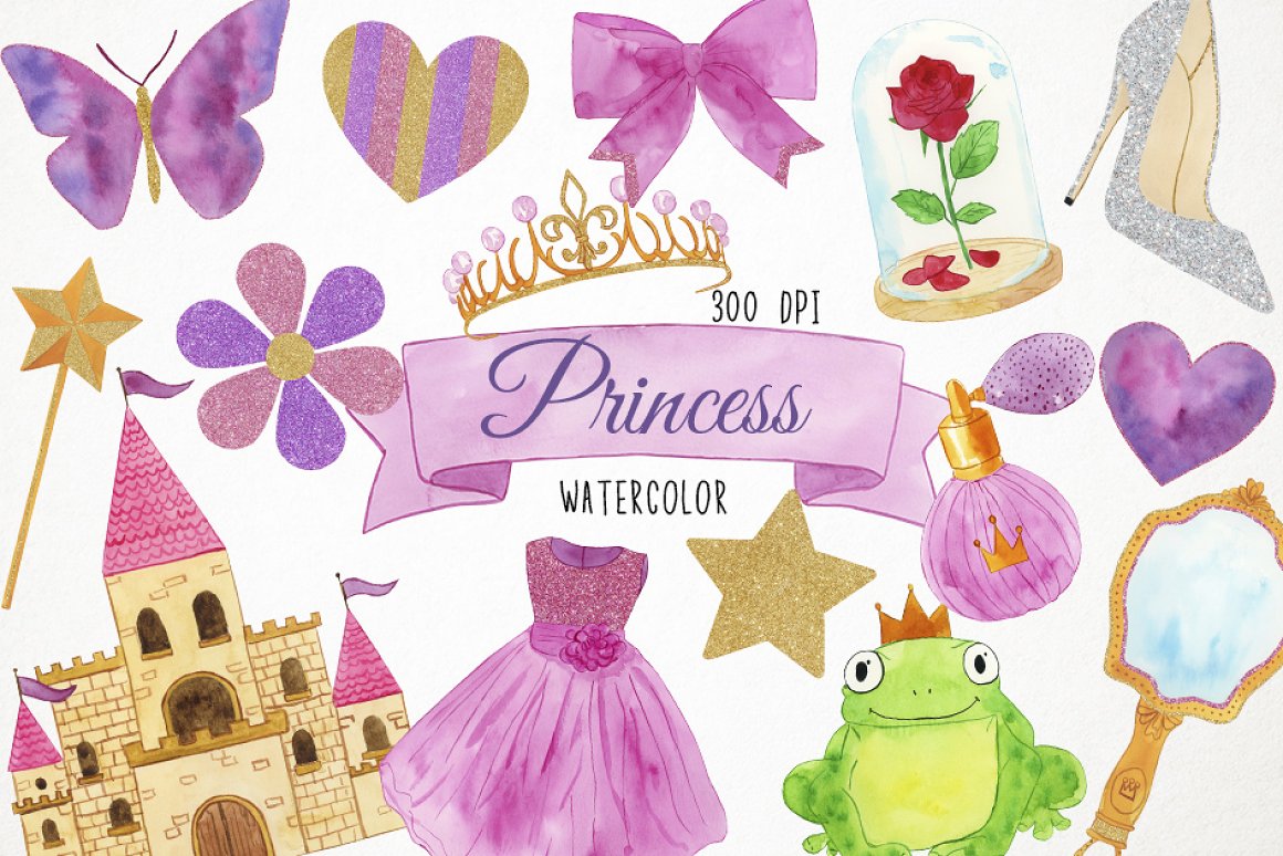 Watercolor lilac elements for princess illustration.