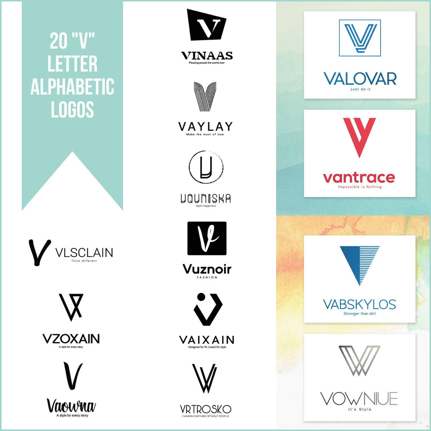 20 "V" Letter Alphabetic Logos.