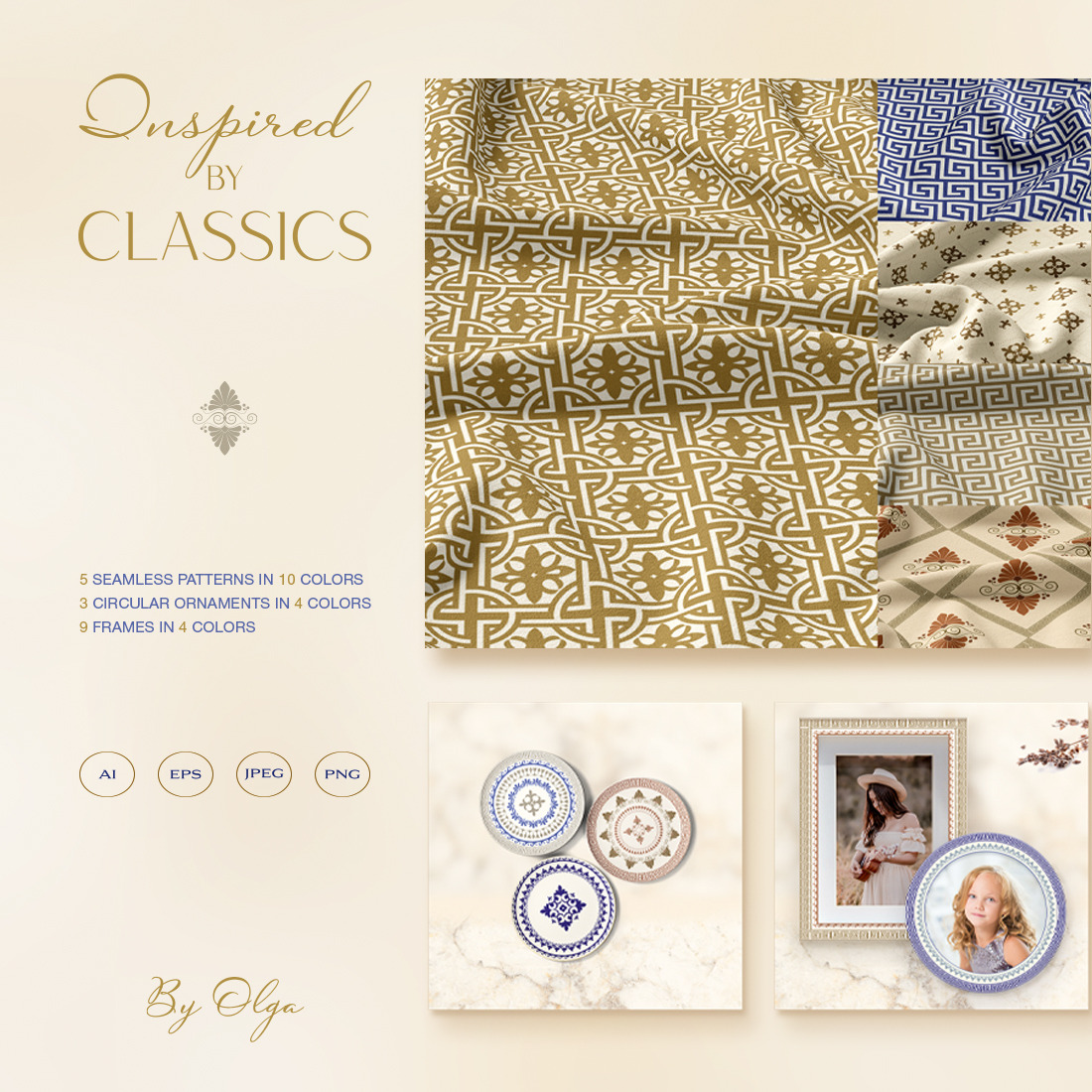 Seamless Patterns, Circular Ornaments and Frames in a Modern classic style cover image.