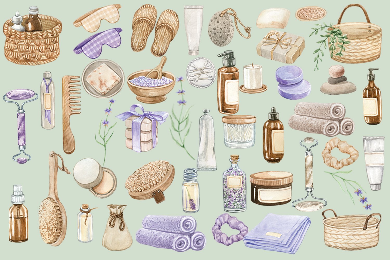 Cute spa elements on the light green background.