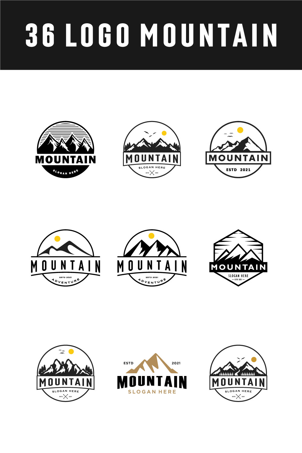 Set of 36 Mountain Logo Vector Design Template pinterest image.