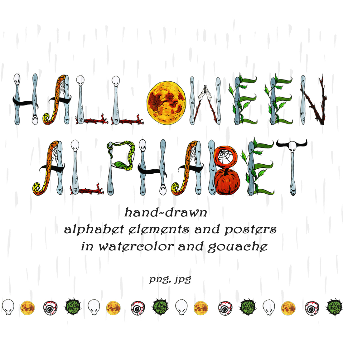 Set Of Watercolor Halloween Alphabet Elements And Pre Made Posters Cover Image.