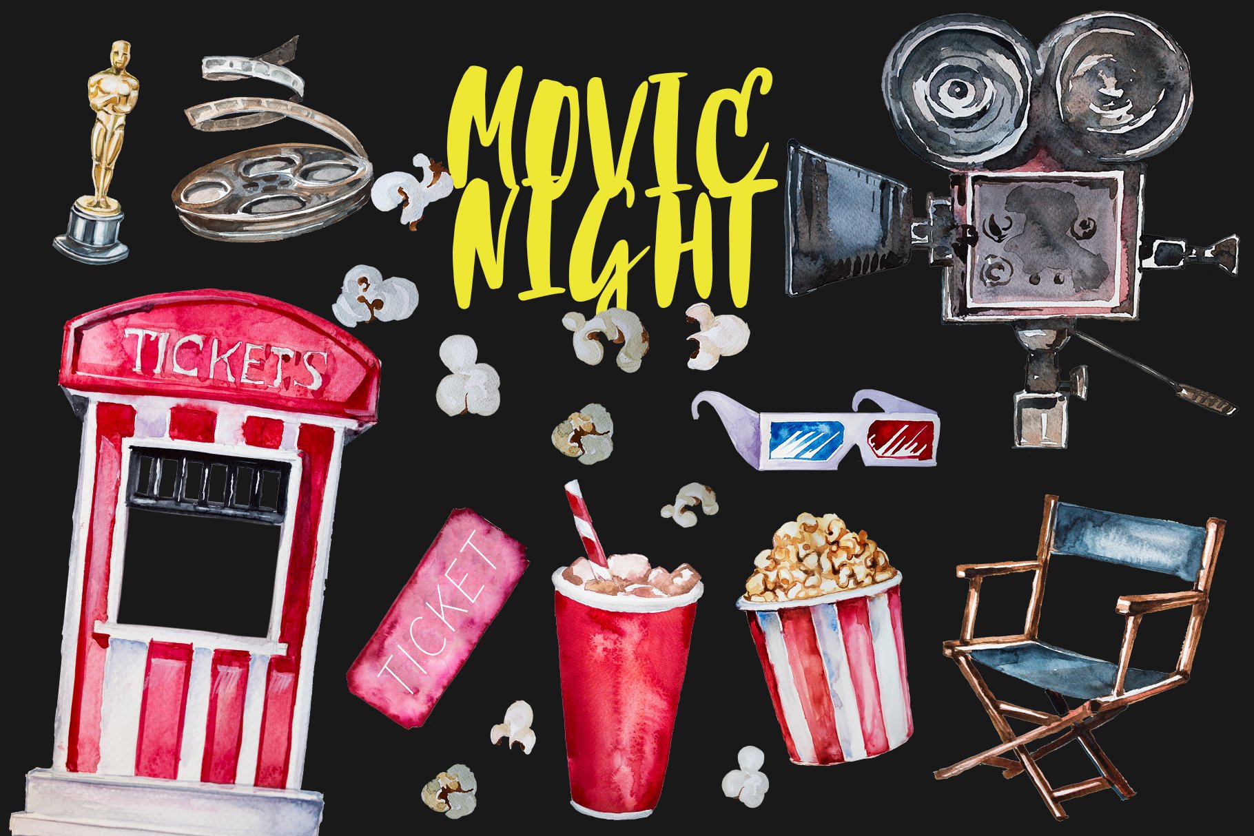Black background with colorful movie illustrations.