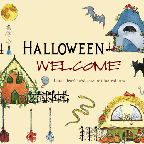 Watercolor Illustrations And Seamless Patterns With Halloween Mood Cover Image.
