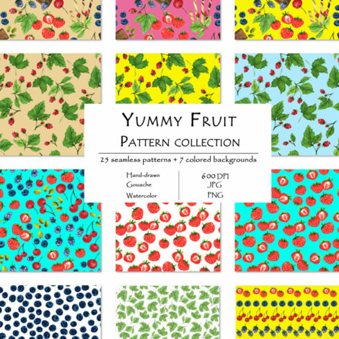 Yummy Fruit Pattern Collection With 25 Seamless Patterns And 7 Backgrounds Cover Image.
