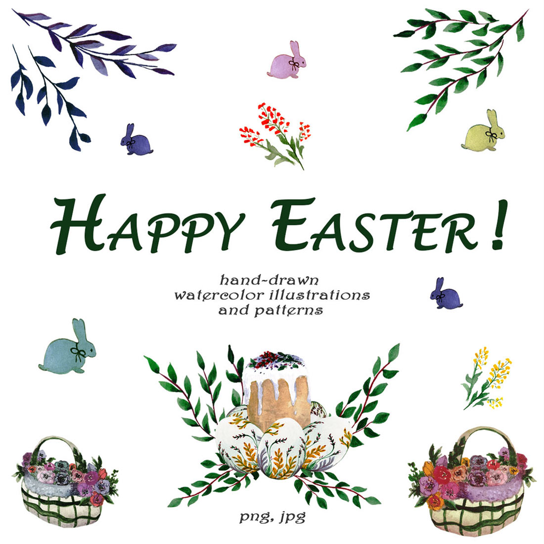 Watercolor Illustrations And Seamless Patterns With Spring Easter Mood Cover Image.