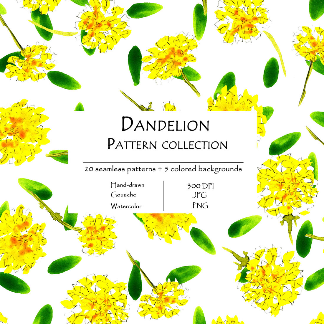 Dandelion Pattern Collection Of 20 Seamless Patterns And 5 Colored Background Cover Image.
