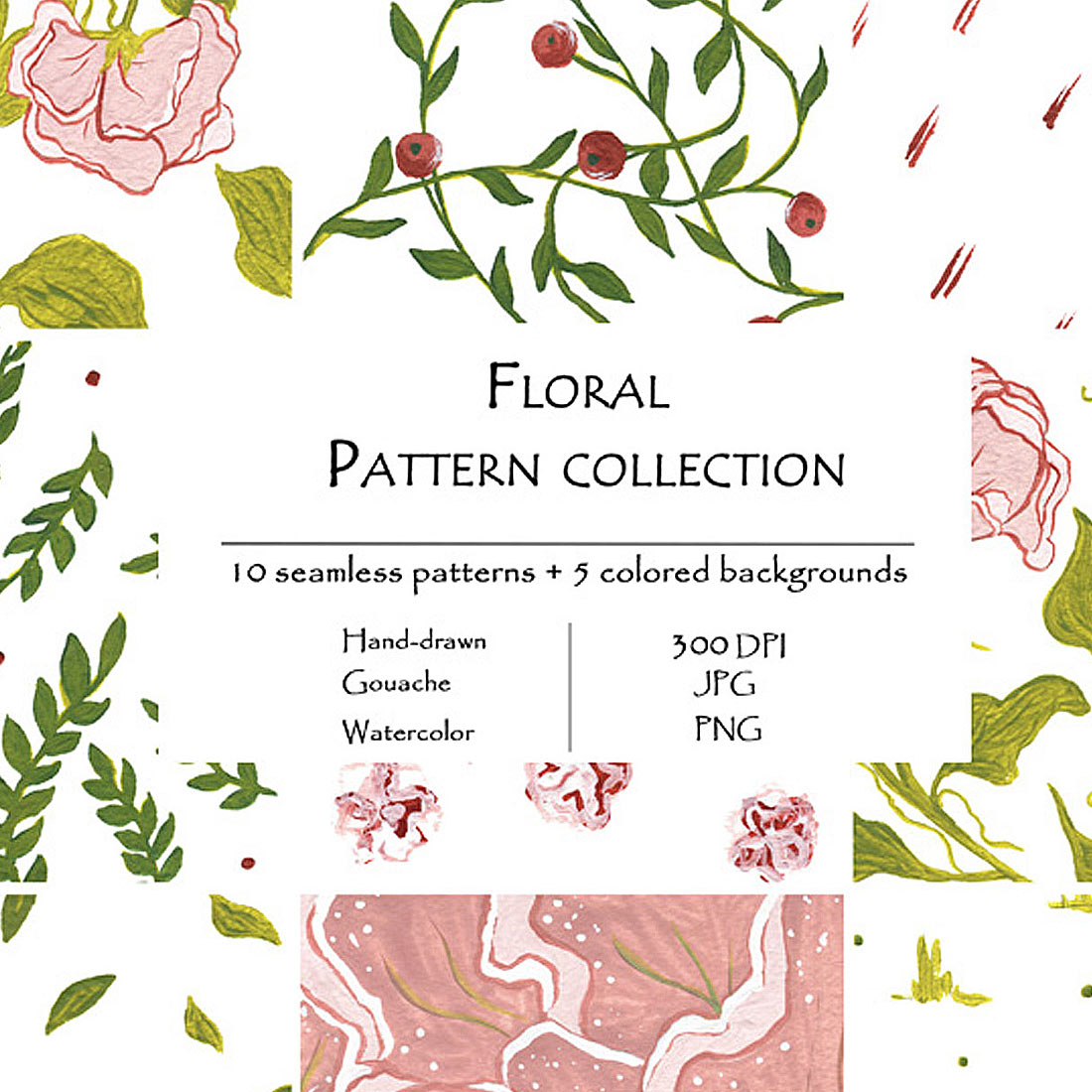 Floral Pattern Collection Of 10 Seamless Patterns And 5 Colored Backgrounds Cover Image.