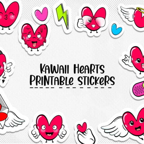 Cute Hearts Kawaii Printable Stickers cover image.