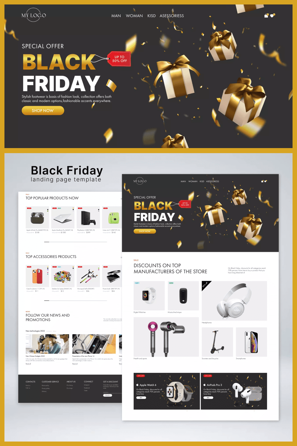 Collage of landing page screenshots with black and white elements.