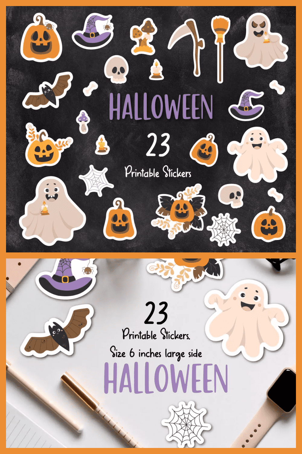 Collage of stickers of ghosts, pumpkins and skeletons on a black and white background.