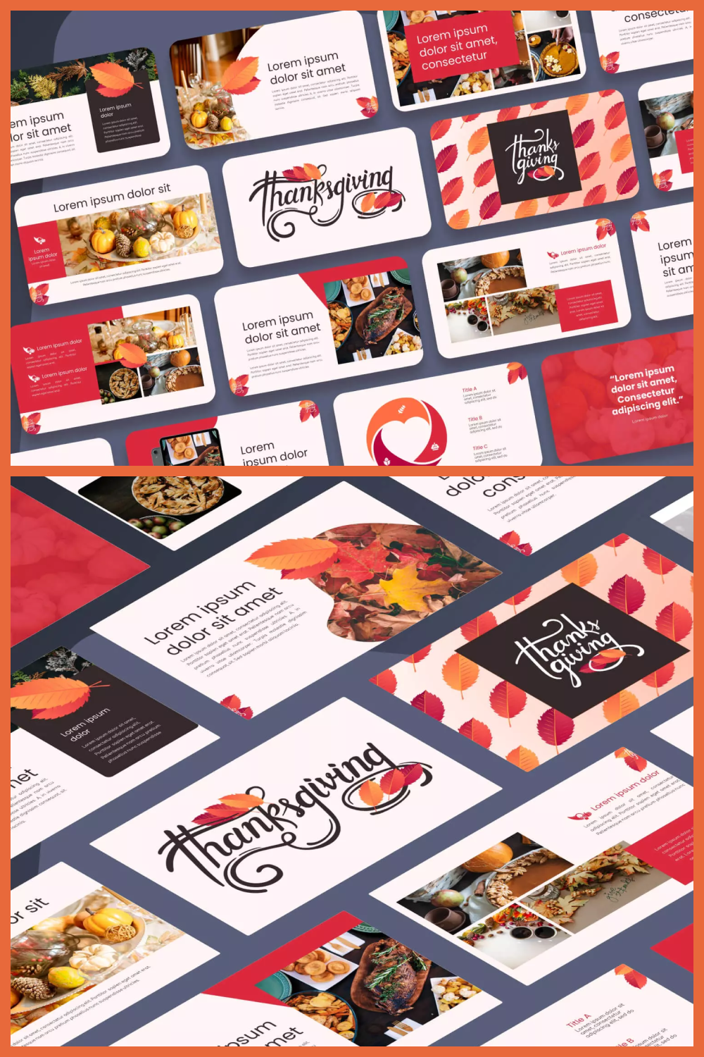 Collage of screenshots of presentation pages with white and red elements and photos of food.