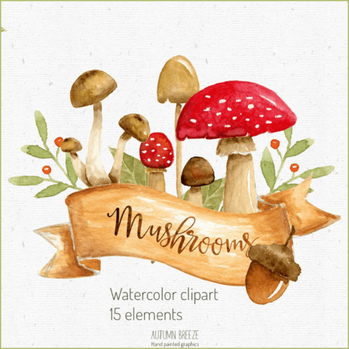 Watercolor mushroom clipart - main image preview.